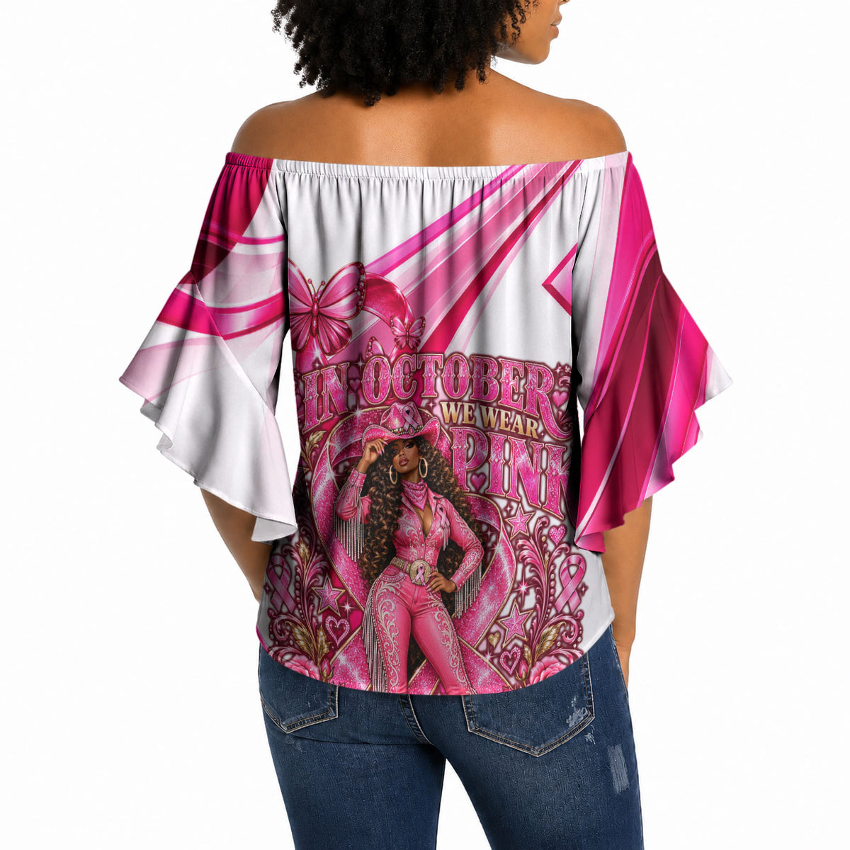 Black Cowgirl Breast Cancer Awareness Off Shoulder Wrap Waist Top Western Pink Ribbon Butterfly Rose - In October We Wear Pink