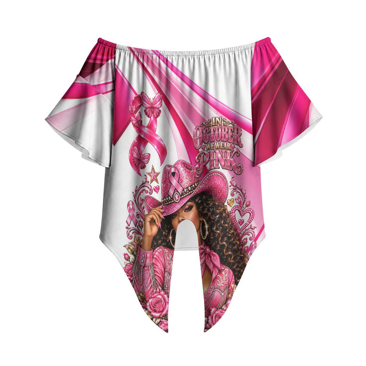 Black Cowgirl Breast Cancer Awareness Off Shoulder Wrap Waist Top Western Pink Ribbon Butterfly Rose - In October We Wear Pink