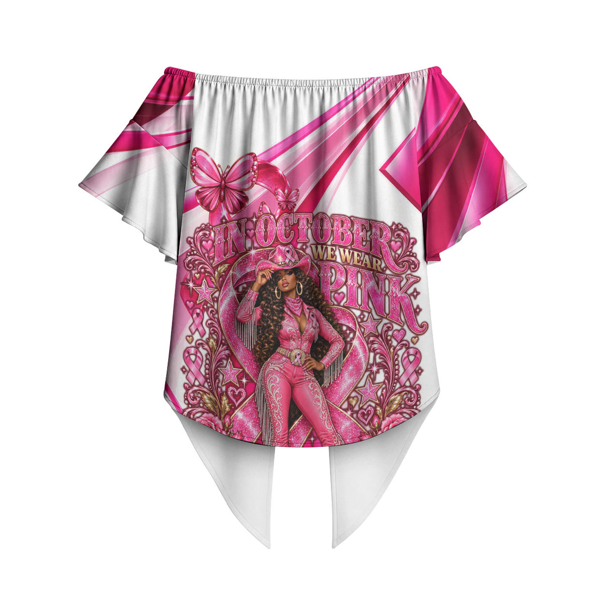 Black Cowgirl Breast Cancer Awareness Off Shoulder Wrap Waist Top Western Pink Ribbon Butterfly Rose - In October We Wear Pink