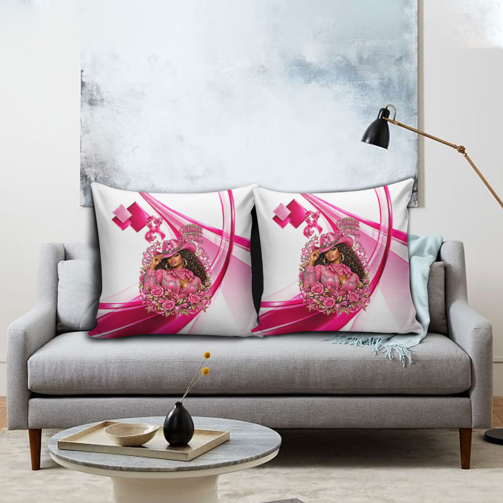 Black Cowgirl Breast Cancer Awareness Pillow Cover Western Pink Ribbon Butterfly Rose - In October We Wear Pink
