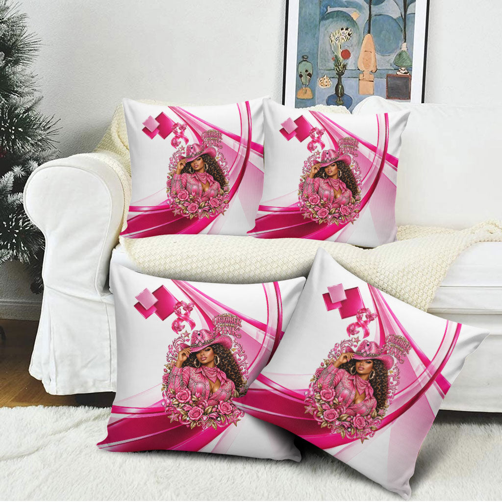 Black Cowgirl Breast Cancer Awareness Pillow Cover Western Pink Ribbon Butterfly Rose - In October We Wear Pink