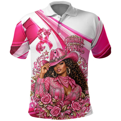 Black Cowgirl Breast Cancer Awareness Polo Shirt Western Pink Ribbon Butterfly Rose - In October We Wear Pink