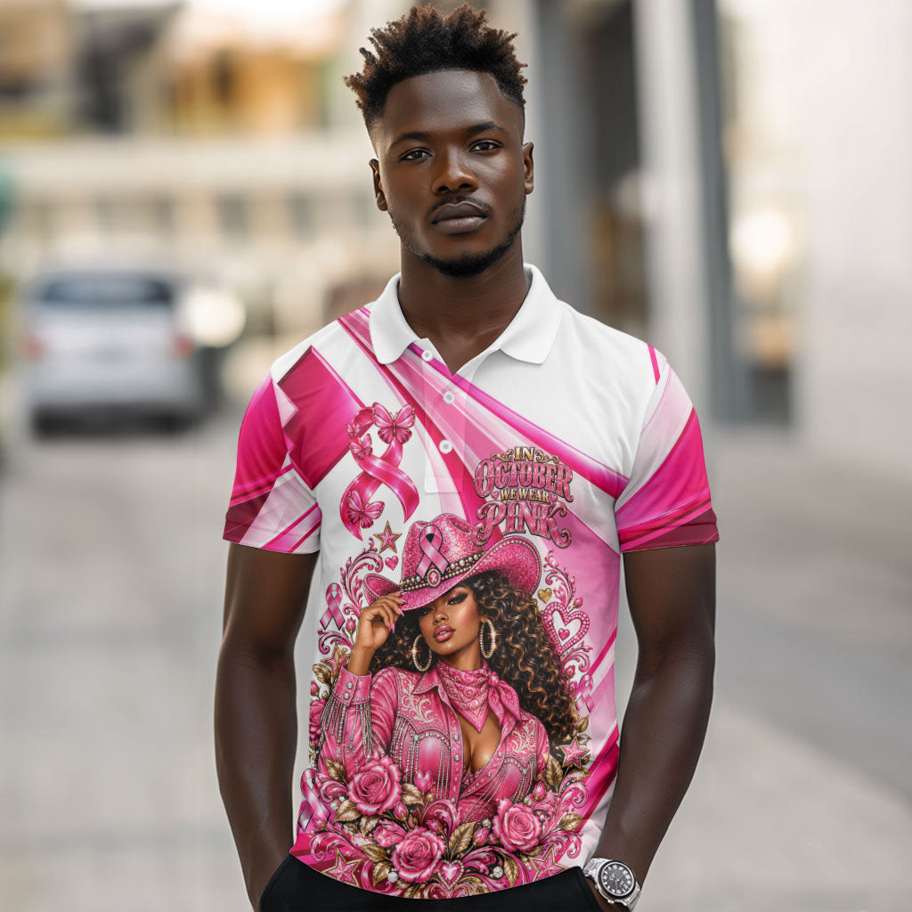 Black Cowgirl Breast Cancer Awareness Polo Shirt Western Pink Ribbon Butterfly Rose - In October We Wear Pink