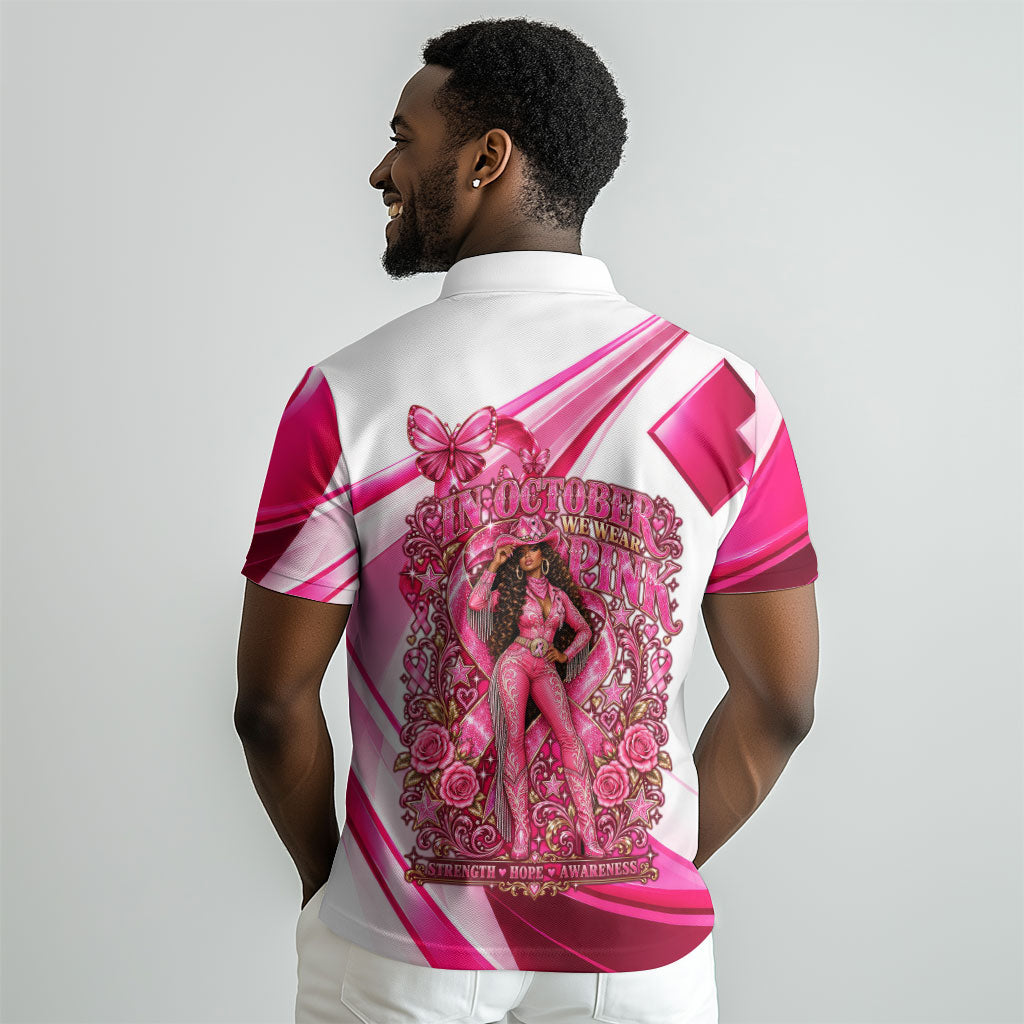 Black Cowgirl Breast Cancer Awareness Polo Shirt Western Pink Ribbon Butterfly Rose - In October We Wear Pink