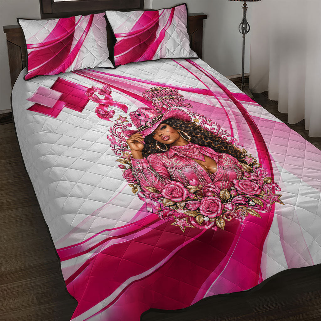 Black Cowgirl Breast Cancer Awareness Quilt Bed Set Western Pink Ribbon Butterfly Rose - In October We Wear Pink