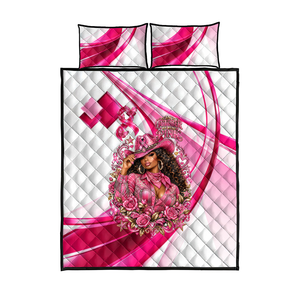 Black Cowgirl Breast Cancer Awareness Quilt Bed Set Western Pink Ribbon Butterfly Rose - In October We Wear Pink