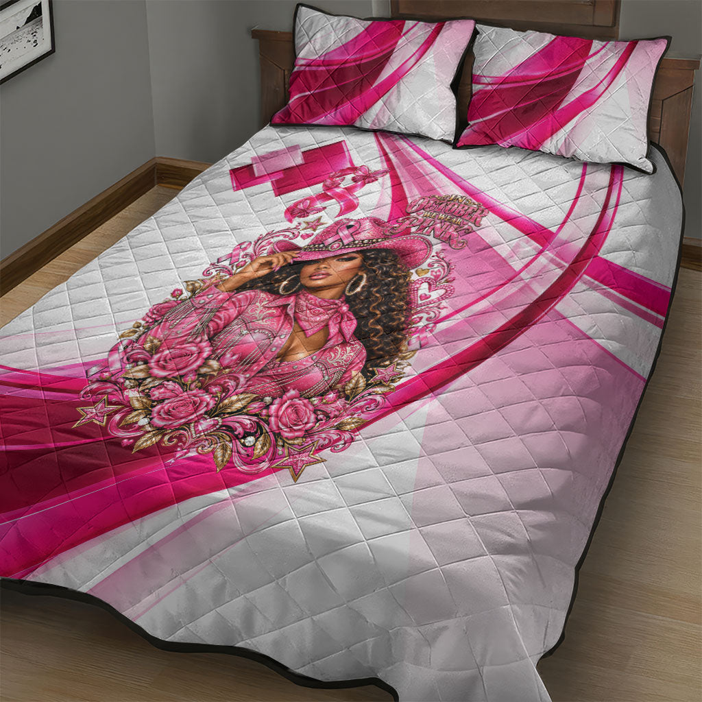 Black Cowgirl Breast Cancer Awareness Quilt Bed Set Western Pink Ribbon Butterfly Rose - In October We Wear Pink