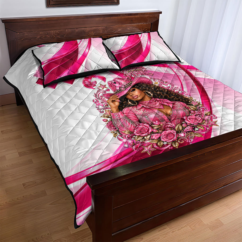 Black Cowgirl Breast Cancer Awareness Quilt Bed Set Western Pink Ribbon Butterfly Rose - In October We Wear Pink