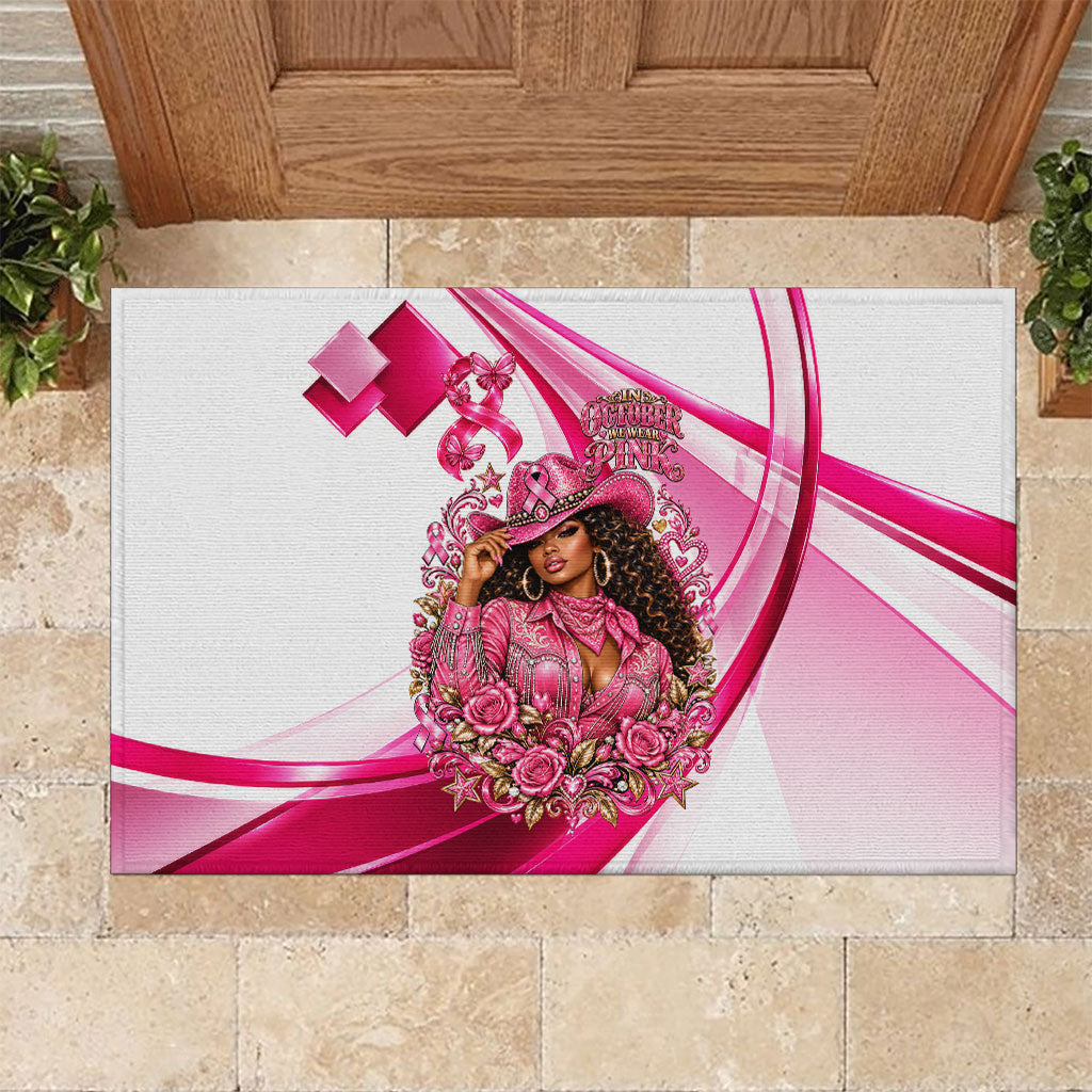 Black Cowgirl Breast Cancer Awareness Rubber Doormat Western Pink Ribbon Butterfly Rose - In October We Wear Pink
