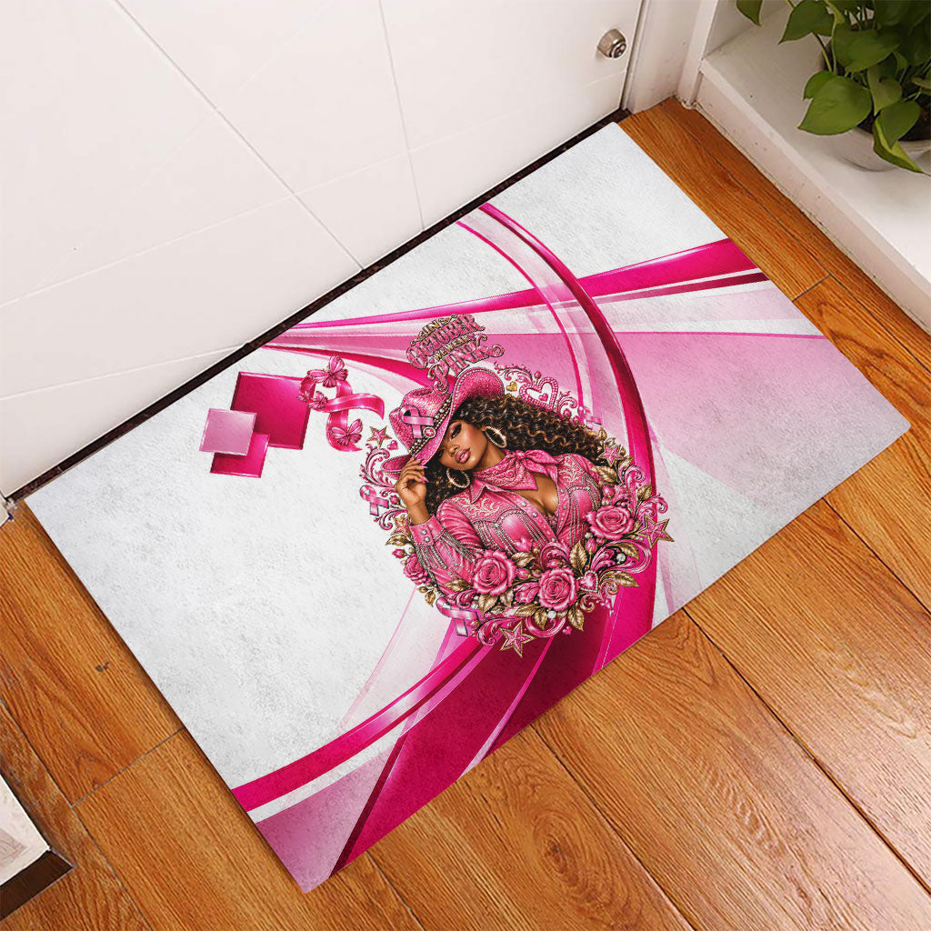 Black Cowgirl Breast Cancer Awareness Rubber Doormat Western Pink Ribbon Butterfly Rose - In October We Wear Pink