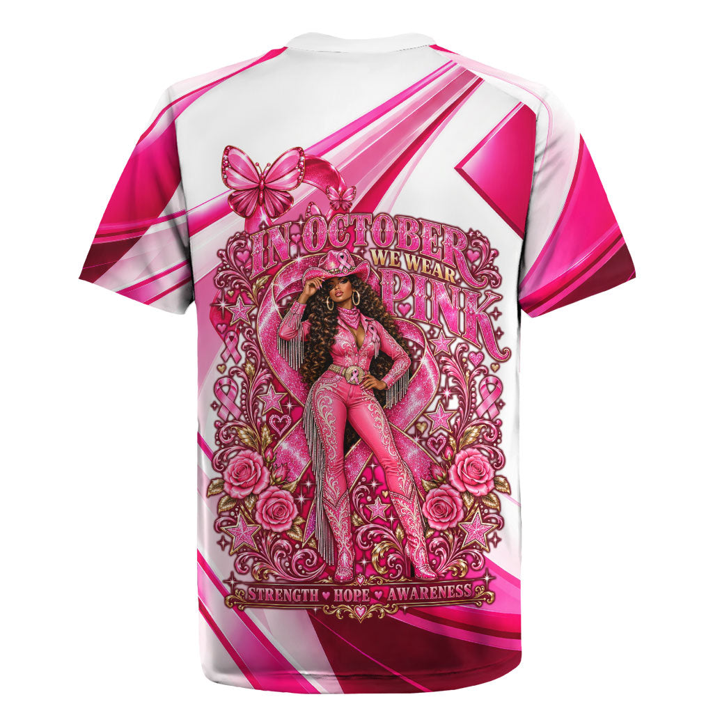 Black Cowgirl Breast Cancer Awareness Rugby Jersey Western Pink Ribbon Butterfly Rose - In October We Wear Pink