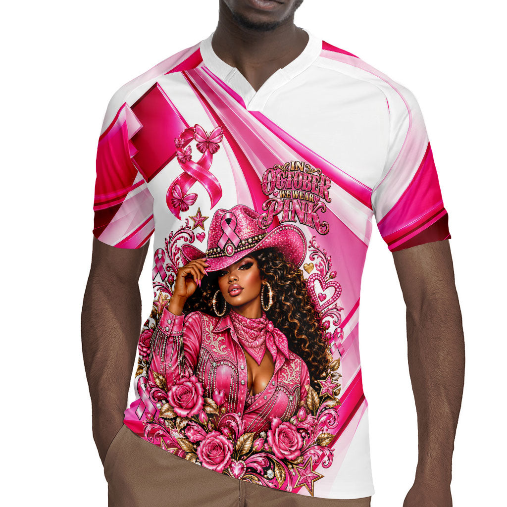 Black Cowgirl Breast Cancer Awareness Rugby Jersey Western Pink Ribbon Butterfly Rose - In October We Wear Pink