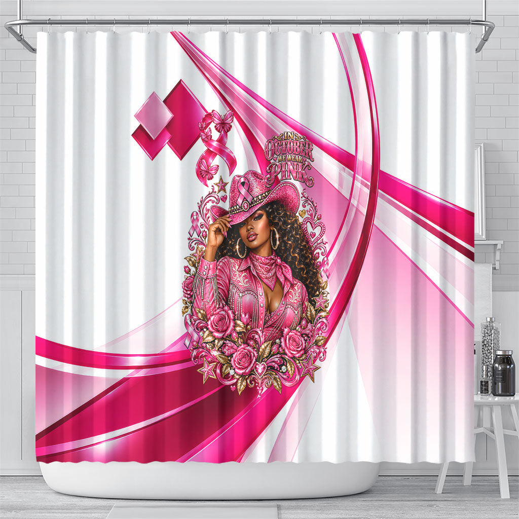 Black Cowgirl Breast Cancer Awareness Shower Curtain Western Pink Ribbon Butterfly Rose - In October We Wear Pink