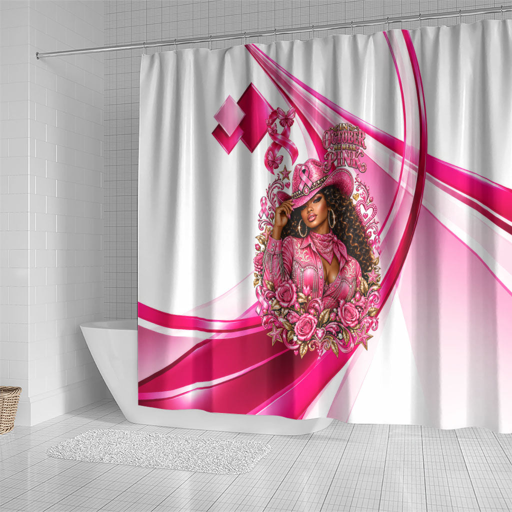 Black Cowgirl Breast Cancer Awareness Shower Curtain Western Pink Ribbon Butterfly Rose - In October We Wear Pink