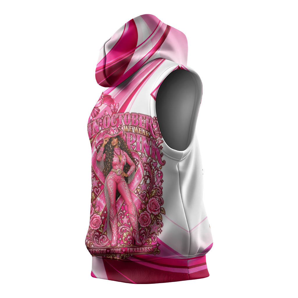 Black Cowgirl Breast Cancer Awareness Sleeveless Hoodie Western Pink Ribbon Butterfly Rose - In October We Wear Pink