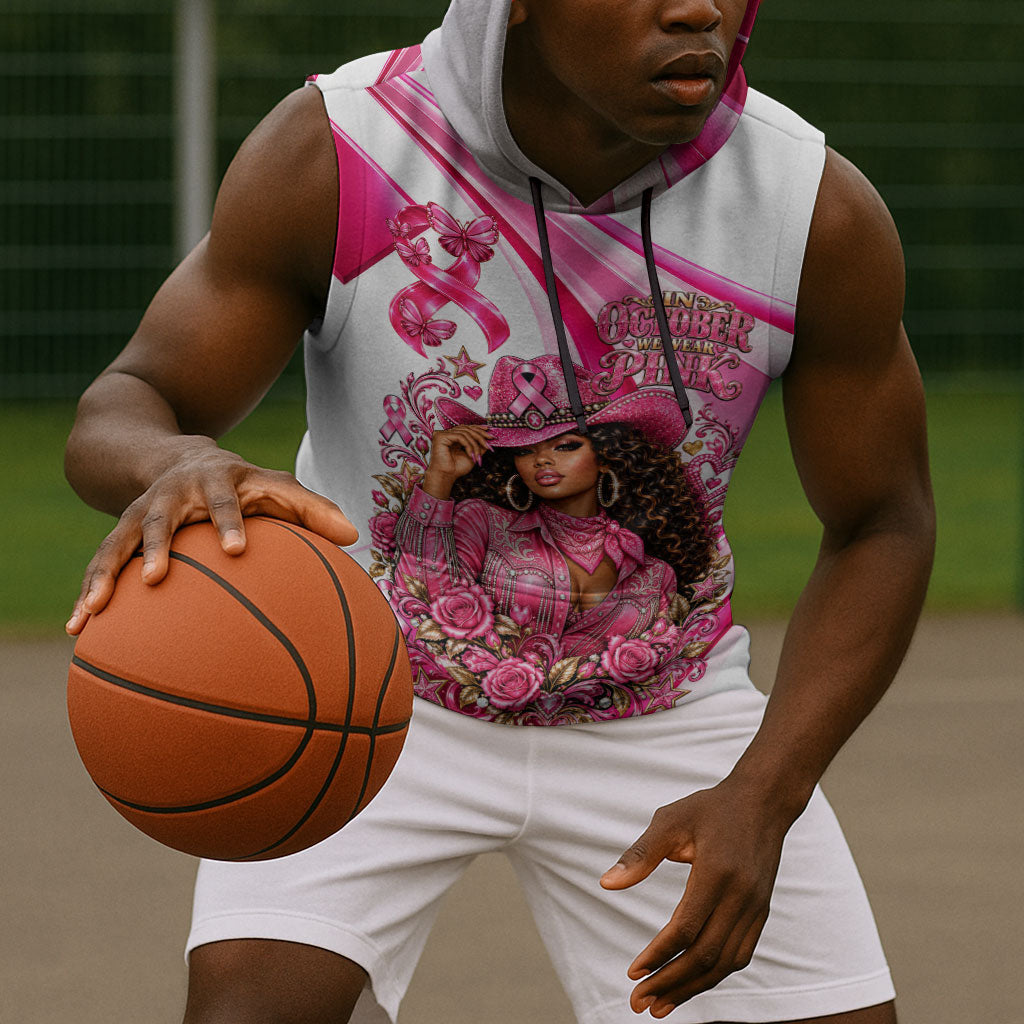 Black Cowgirl Breast Cancer Awareness Sleeveless Hoodie Western Pink Ribbon Butterfly Rose - In October We Wear Pink