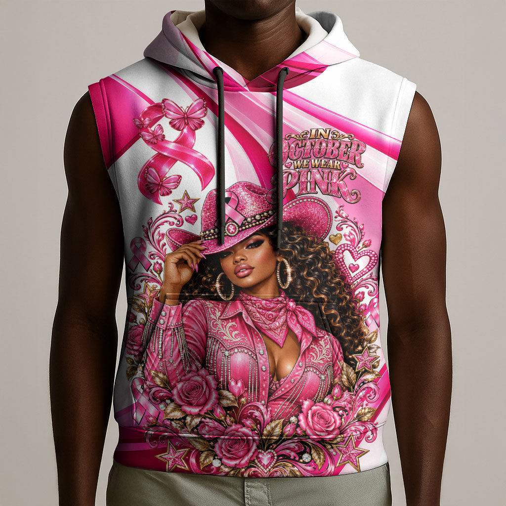 Black Cowgirl Breast Cancer Awareness Sleeveless Hoodie Western Pink Ribbon Butterfly Rose - In October We Wear Pink