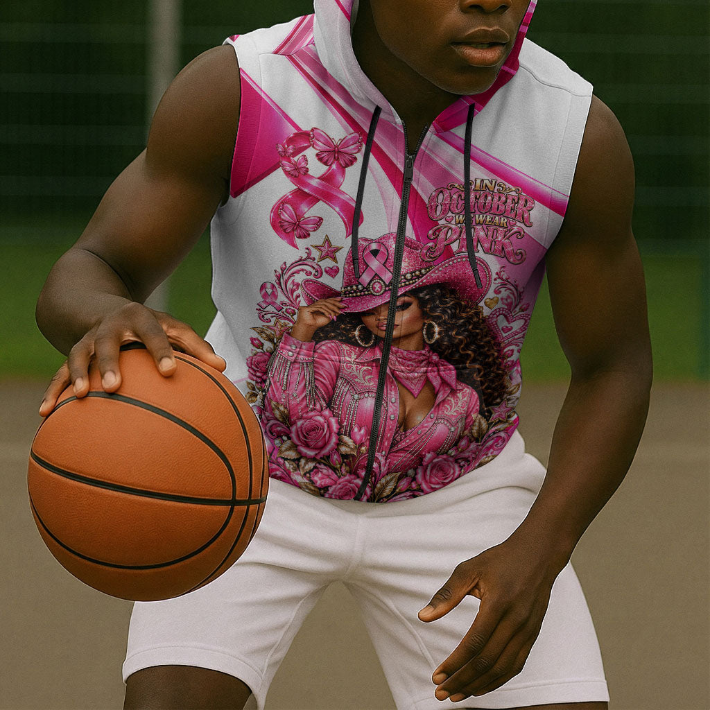 Black Cowgirl Breast Cancer Awareness Sleeveless Zip Hoodie Western Pink Ribbon Butterfly Rose - In October We Wear Pink