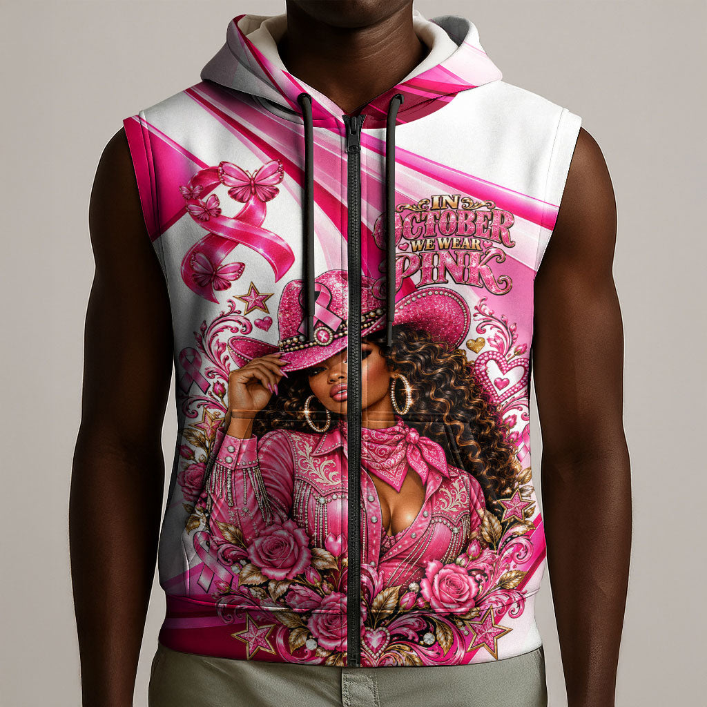Black Cowgirl Breast Cancer Awareness Sleeveless Zip Hoodie Western Pink Ribbon Butterfly Rose - In October We Wear Pink