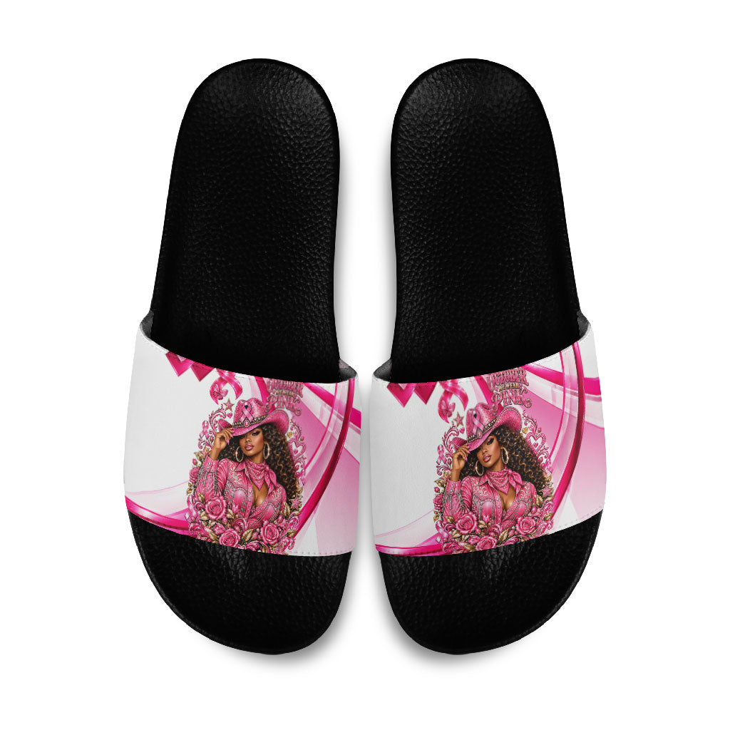 Black Cowgirl Breast Cancer Awareness Slide Sandals Western Pink Ribbon Butterfly Rose - In October We Wear Pink