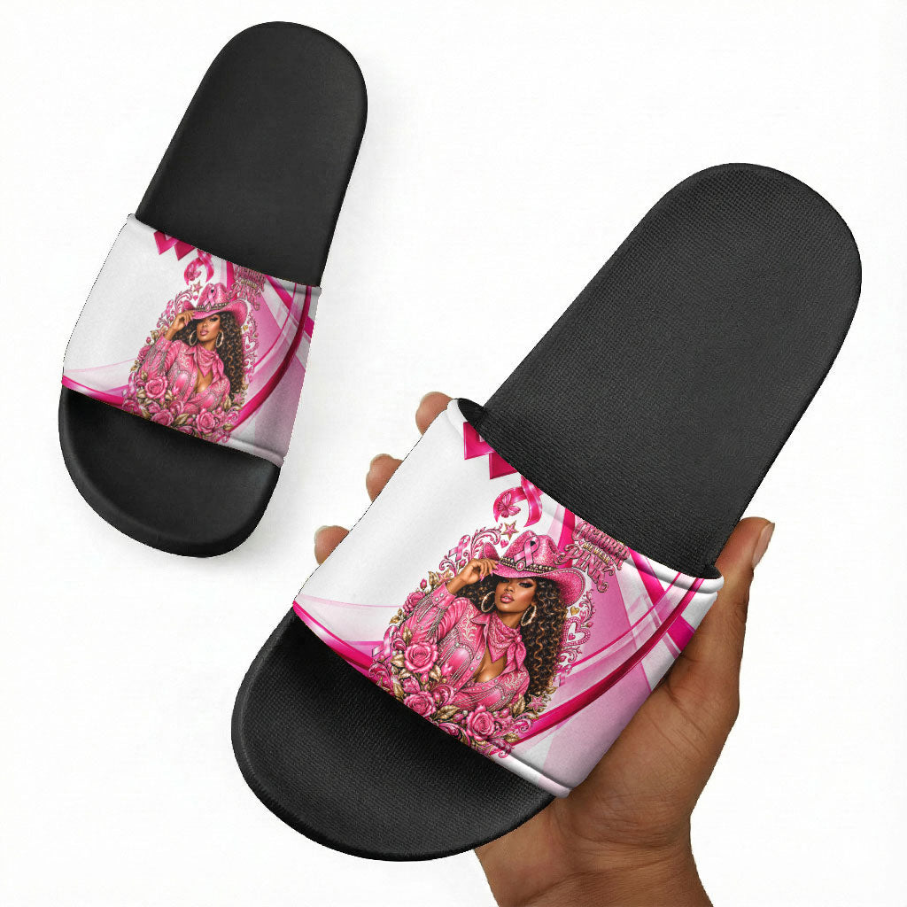 Black Cowgirl Breast Cancer Awareness Slide Sandals Western Pink Ribbon Butterfly Rose - In October We Wear Pink