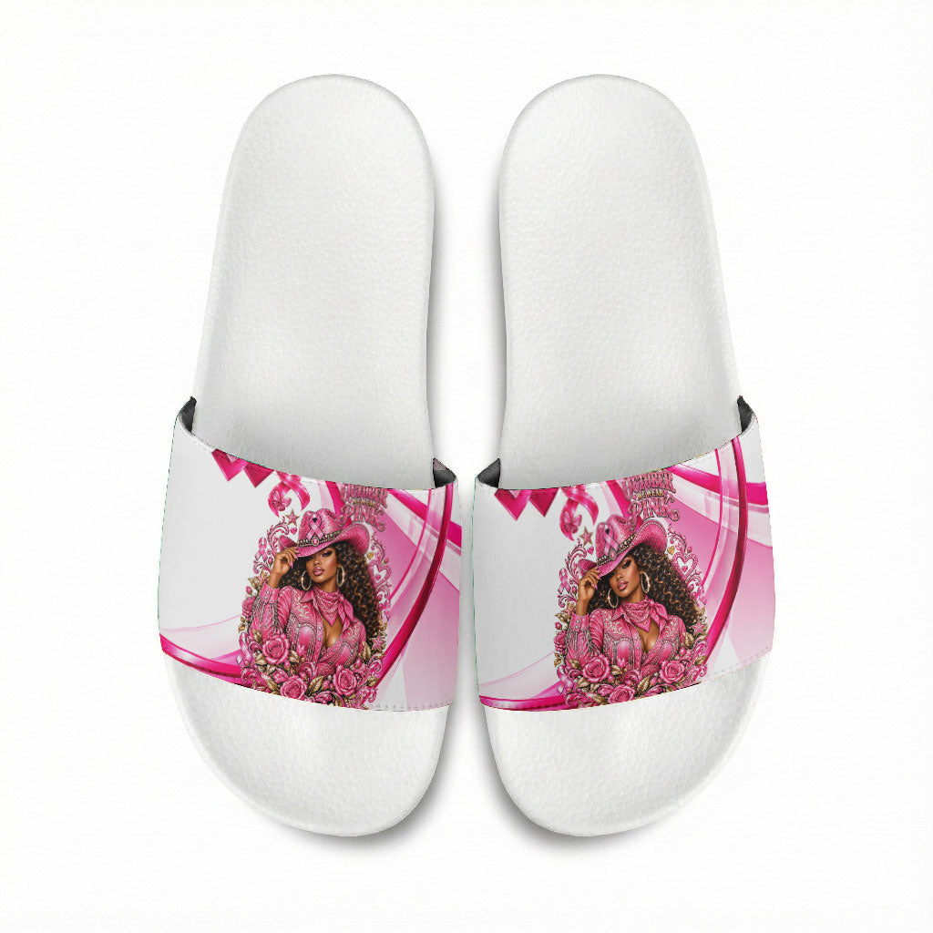 Black Cowgirl Breast Cancer Awareness Slide Sandals Western Pink Ribbon Butterfly Rose - In October We Wear Pink