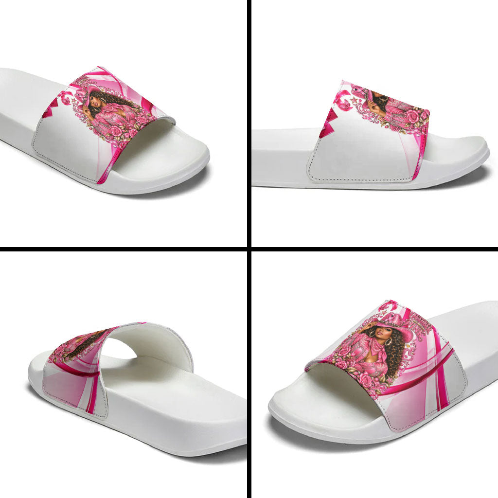 Black Cowgirl Breast Cancer Awareness Slide Sandals Western Pink Ribbon Butterfly Rose - In October We Wear Pink