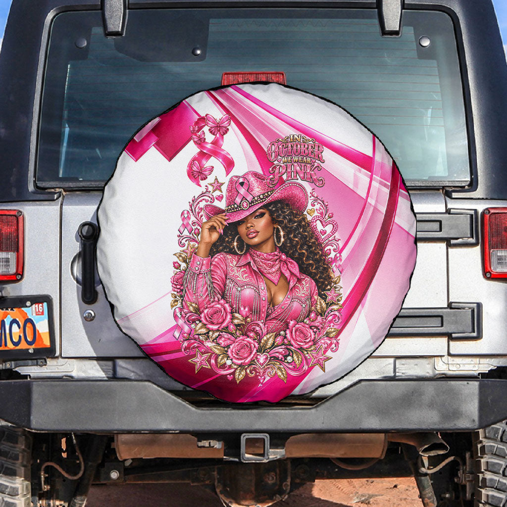 Black Cowgirl Breast Cancer Awareness Spare Tire Cover Western Pink Ribbon Butterfly Rose - In October We Wear Pink