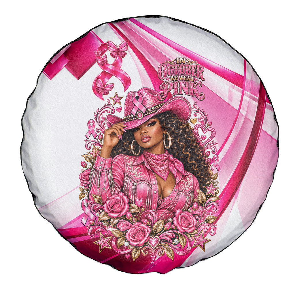 Black Cowgirl Breast Cancer Awareness Spare Tire Cover Western Pink Ribbon Butterfly Rose - In October We Wear Pink