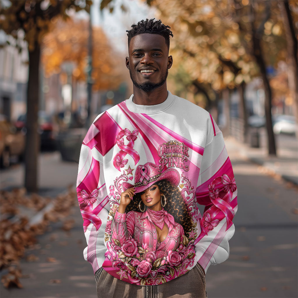 Black Cowgirl Breast Cancer Awareness Sweatshirt Western Pink Ribbon Butterfly Rose - In October We Wear Pink