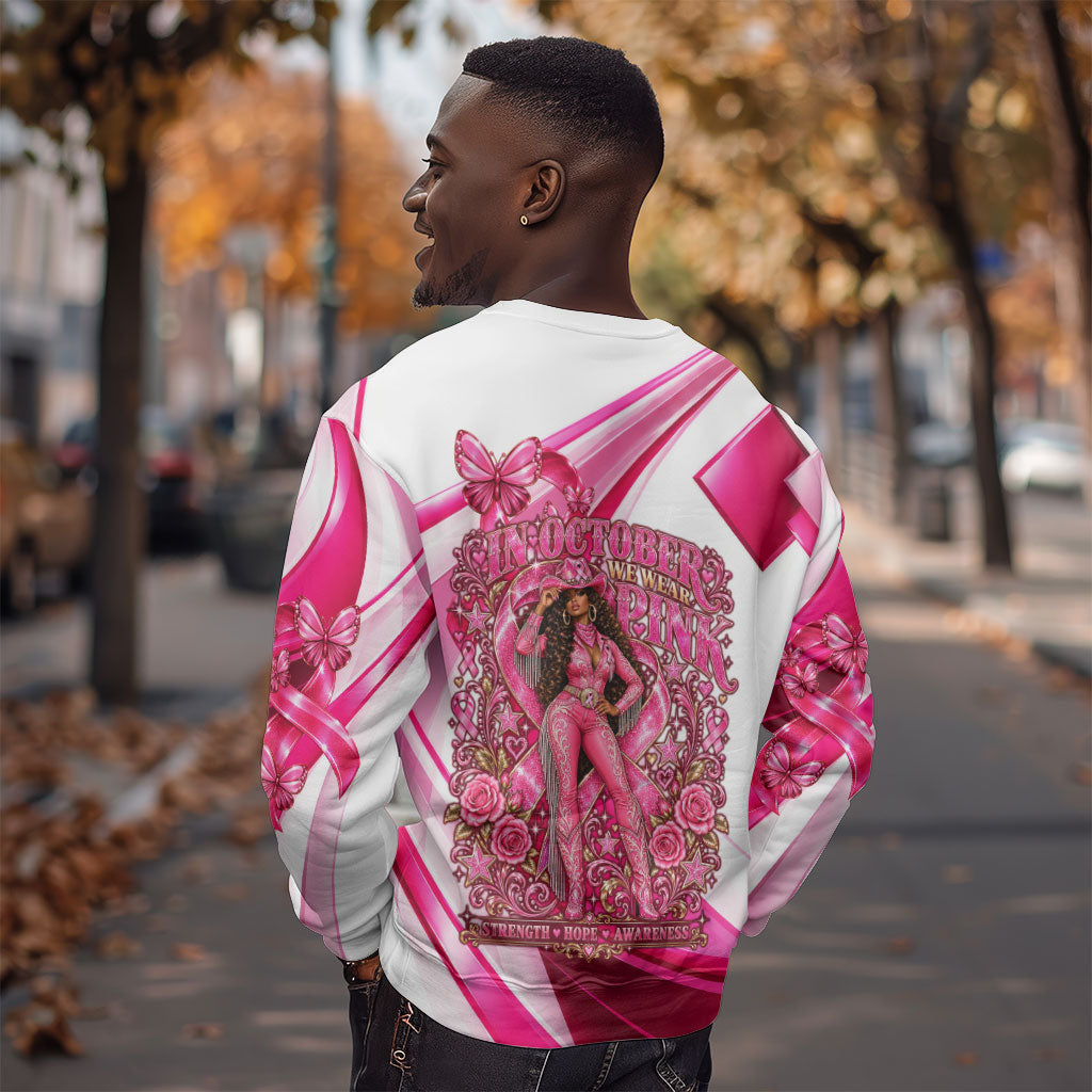 Black Cowgirl Breast Cancer Awareness Sweatshirt Western Pink Ribbon Butterfly Rose - In October We Wear Pink