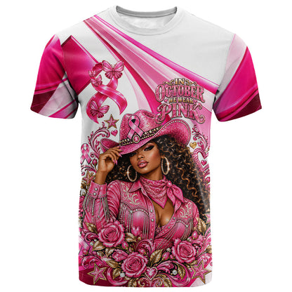 Black Cowgirl Breast Cancer Awareness T shirt Western Pink Ribbon Butterfly Rose - In October We Wear Pink