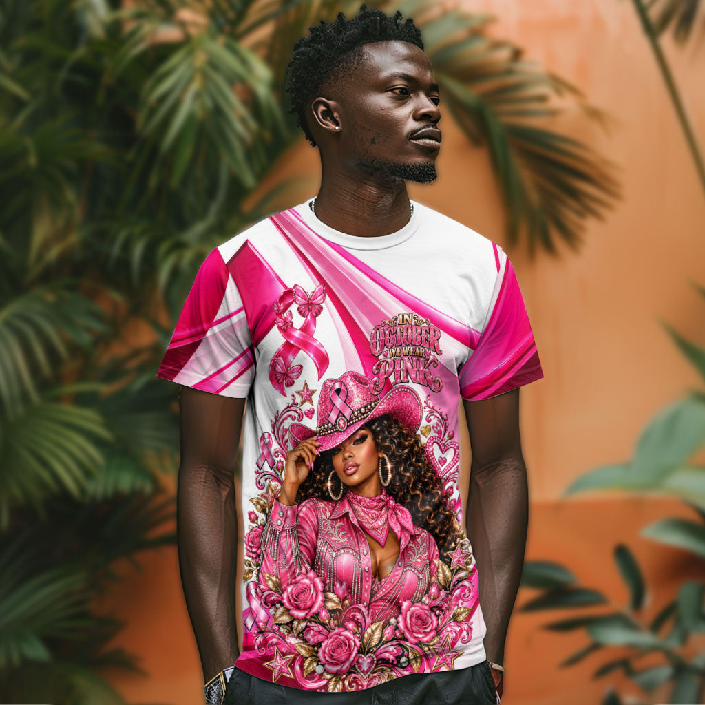 Black Cowgirl Breast Cancer Awareness T shirt Western Pink Ribbon Butterfly Rose - In October We Wear Pink
