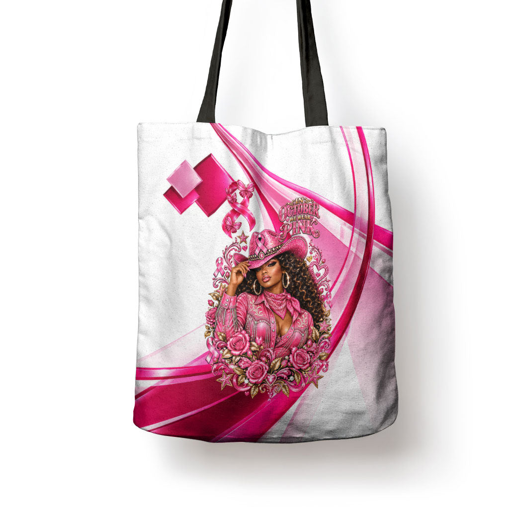 Black Cowgirl Breast Cancer Awareness Tote Bag Western Pink Ribbon Butterfly Rose - In October We Wear Pink