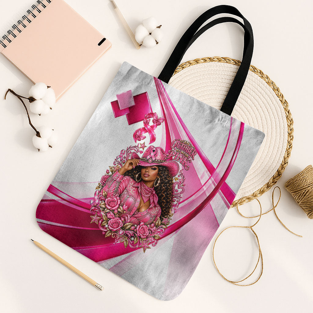 Black Cowgirl Breast Cancer Awareness Tote Bag Western Pink Ribbon Butterfly Rose - In October We Wear Pink
