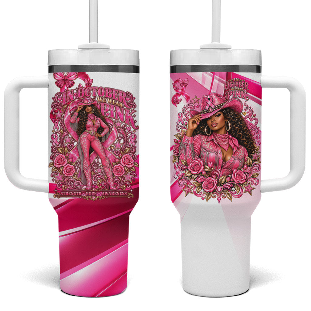 Black Cowgirl Breast Cancer Awareness Tumbler With Handle Western Pink Ribbon Butterfly Rose - In October We Wear Pink