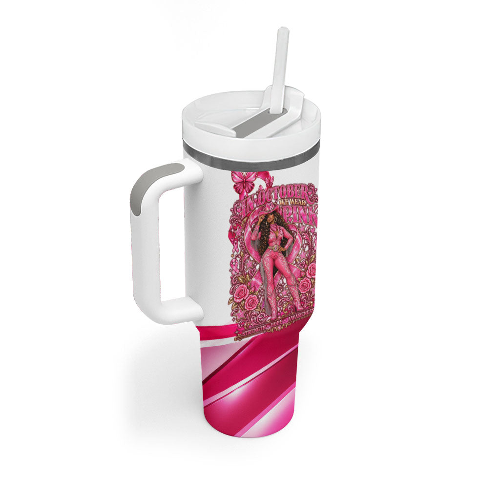 Black Cowgirl Breast Cancer Awareness Tumbler With Handle Western Pink Ribbon Butterfly Rose - In October We Wear Pink
