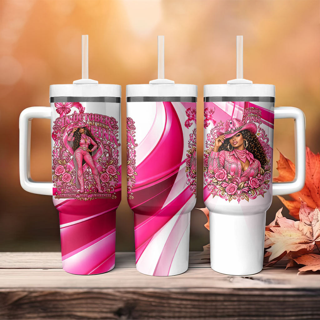 Black Cowgirl Breast Cancer Awareness Tumbler With Handle Western Pink Ribbon Butterfly Rose - In October We Wear Pink