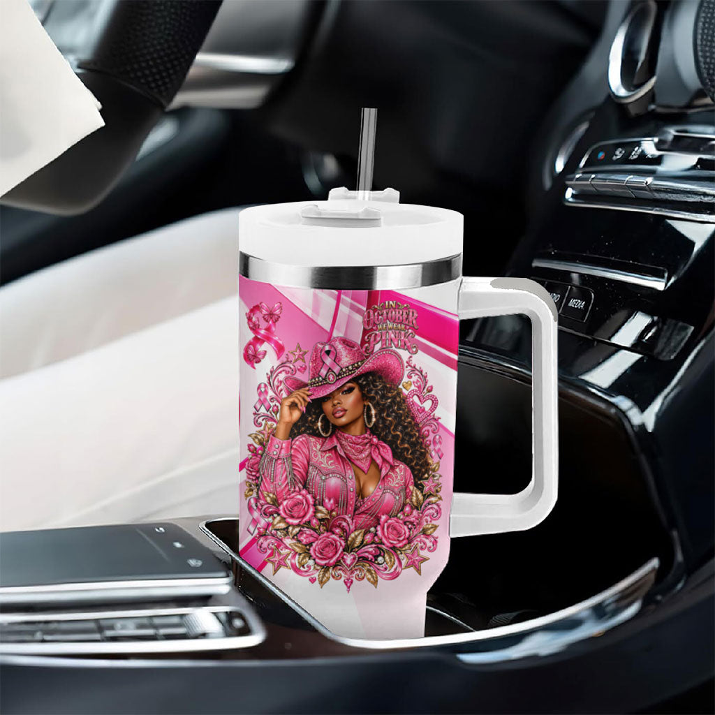 Black Cowgirl Breast Cancer Awareness Tumbler With Handle Western Pink Ribbon Butterfly Rose - In October We Wear Pink