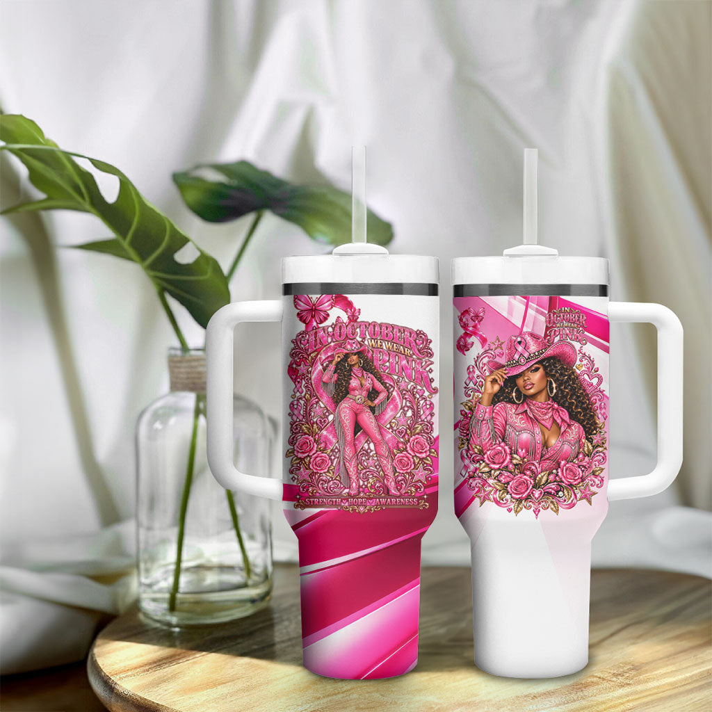 Black Cowgirl Breast Cancer Awareness Tumbler With Handle Western Pink Ribbon Butterfly Rose - In October We Wear Pink