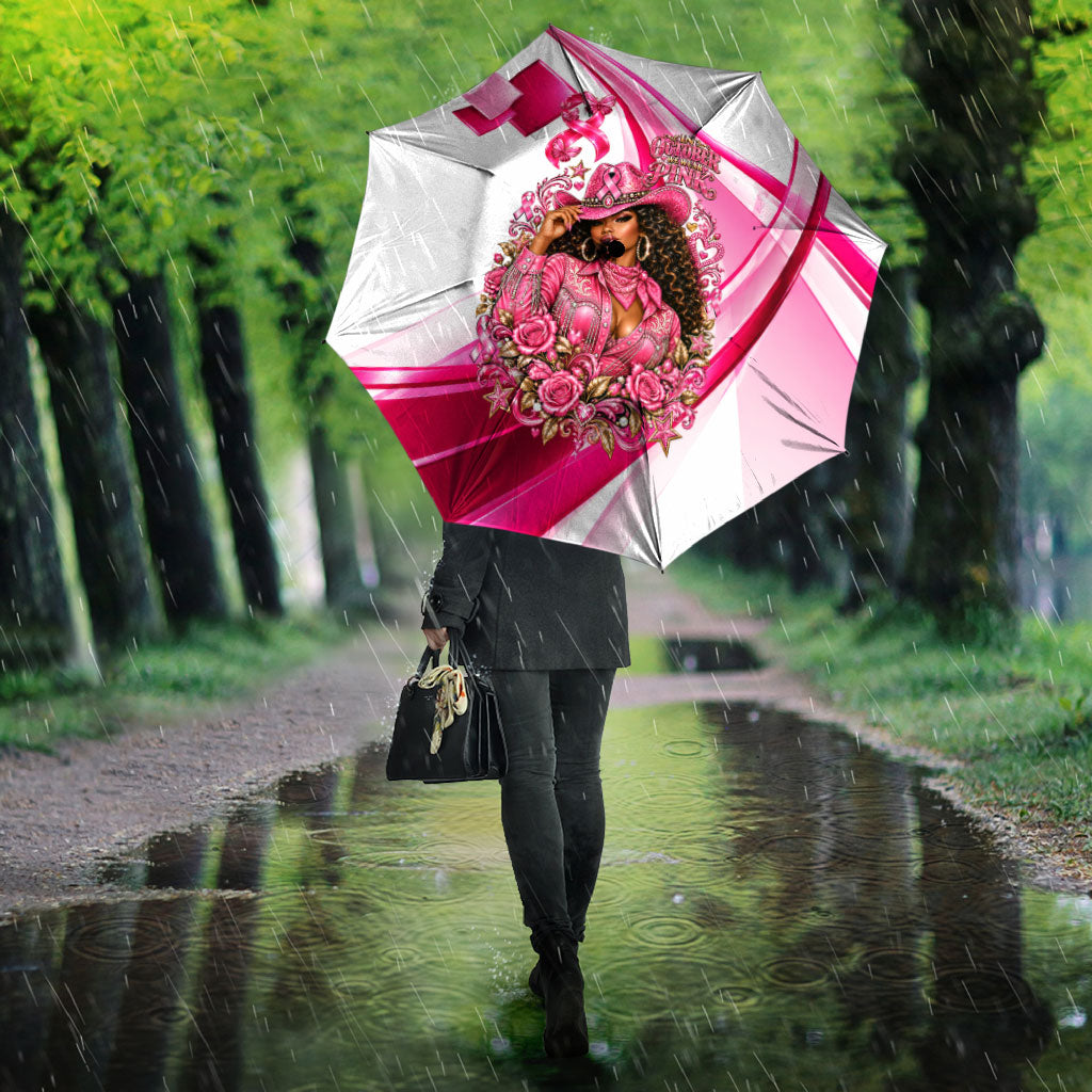 Black Cowgirl Breast Cancer Awareness Umbrella Western Pink Ribbon Butterfly Rose - In October We Wear Pink