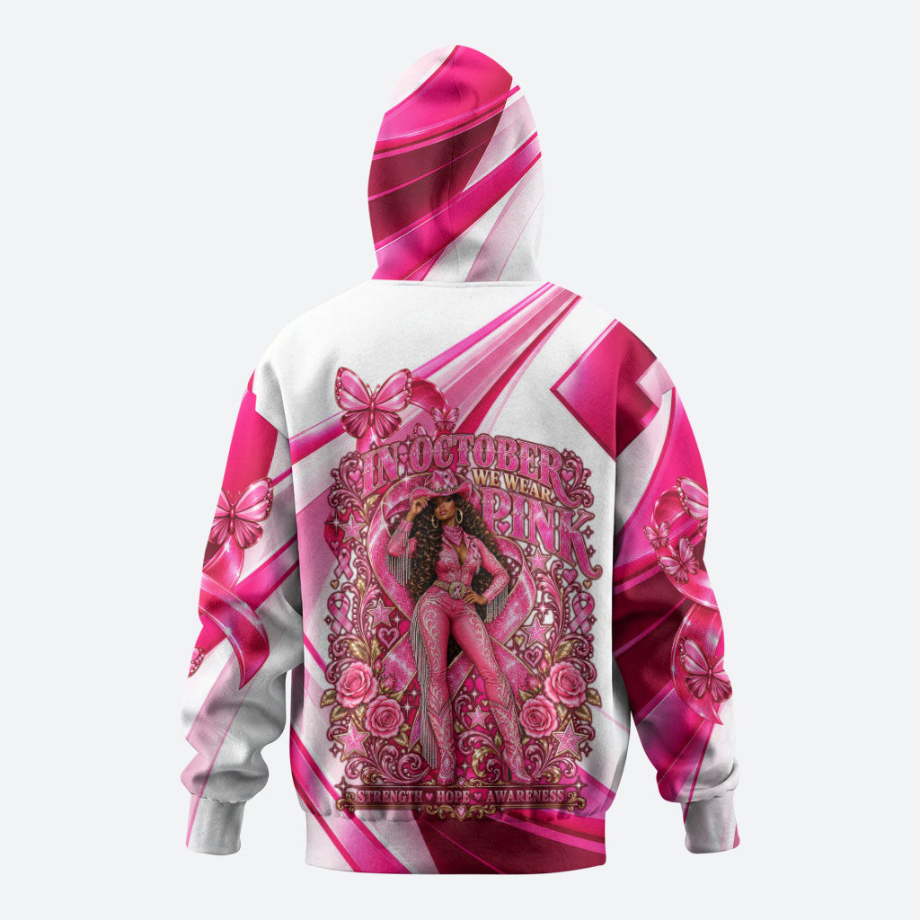 Black Cowgirl Breast Cancer Awareness Zip Hoodie Western Pink Ribbon Butterfly Rose - In October We Wear Pink