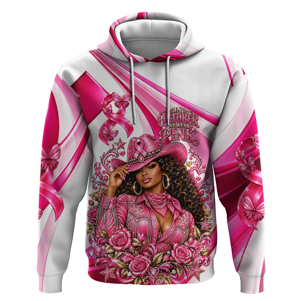 Black Cowgirl Breast Cancer Awareness Zip Hoodie Western Pink Ribbon Butterfly Rose - In October We Wear Pink
