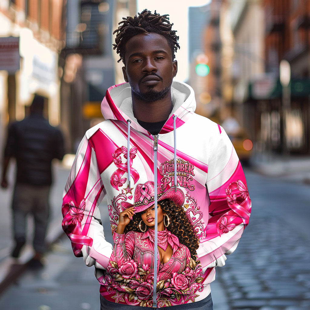 Black Cowgirl Breast Cancer Awareness Zip Hoodie Western Pink Ribbon Butterfly Rose - In October We Wear Pink