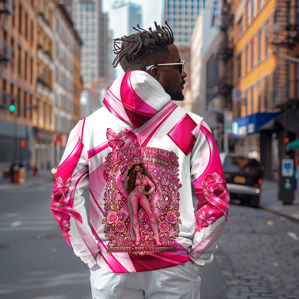 Black Cowgirl Breast Cancer Awareness Zip Hoodie Western Pink Ribbon Butterfly Rose - In October We Wear Pink