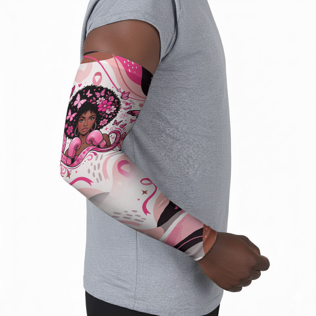 African American Breast Cancer Awareness Queen Arm Sleeves Pink Ribbon Floral Butterfly Boxing Gloves Warrior Art