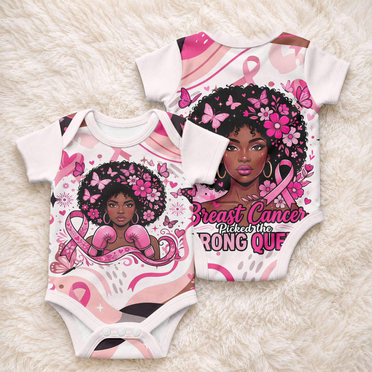 African American Breast Cancer Awareness Queen Baby Onesie Pink Ribbon Floral Butterfly Boxing Gloves Warrior Art