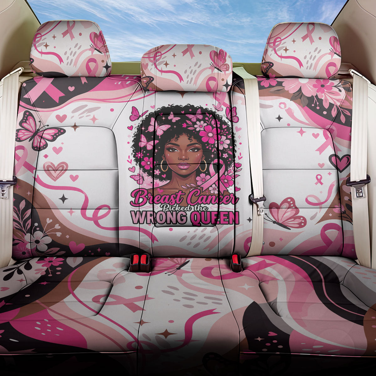 African American Breast Cancer Awareness Queen Back Car Seat Cover Pink Ribbon Floral Butterfly Boxing Gloves Warrior Art