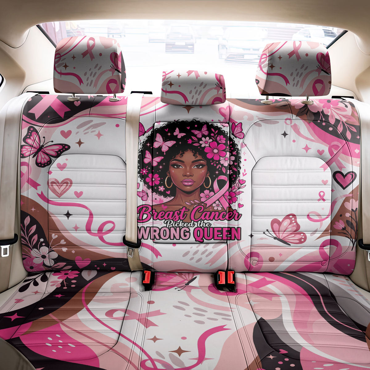 African American Breast Cancer Awareness Queen Back Car Seat Cover Pink Ribbon Floral Butterfly Boxing Gloves Warrior Art