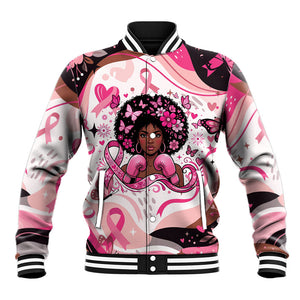 African American Breast Cancer Awareness Queen Baseball Jacket Pink Ribbon Floral Butterfly Boxing Gloves Warrior Art
